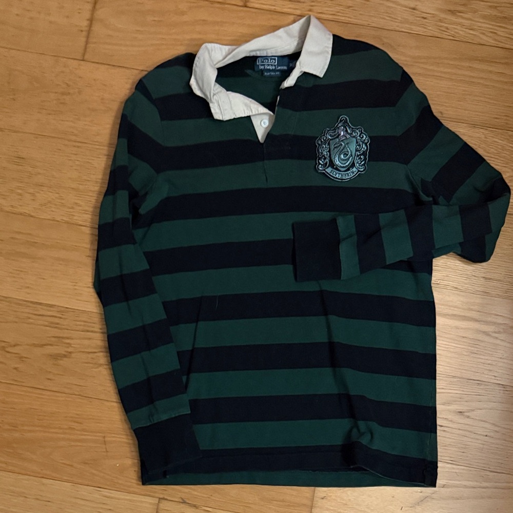 Slytherin Crest Green and Black Striped Long Sleeve Polo Ralph Lauren